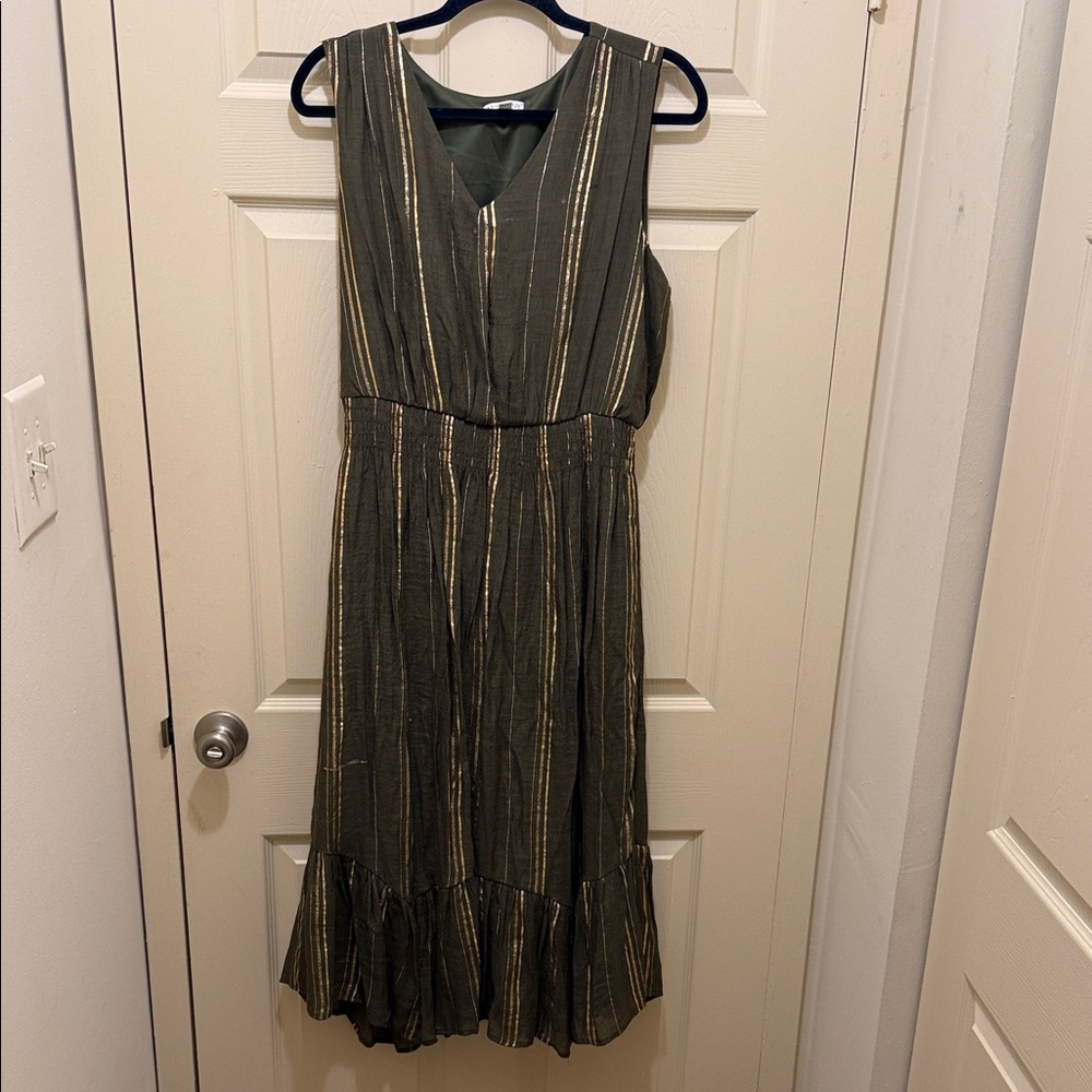 Luxology Olive Green Midi Dress with Gold Vertical Stripes
